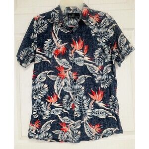Molokai Surf Co Hawaiian Shirt M Reverse Print Blue Floral Birds Of Paradise